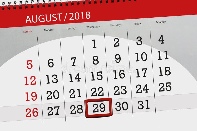 Registi il pianificatore per il mese, il giorno della settimana, 2018 augusto, 29, mercoledì di termine immagine stock Registi il pianificatore per il mese, il giorno della settimana, 2018 augusto, 29, mercoledì di termine immagine stock