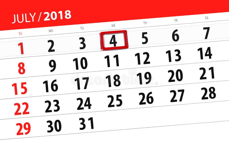 Registi il pianificatore per il mese, il giorno della settimana, mercoledì, 2018 il 4 luglio, festa dell'indipendenza di termine immagine stock Registi il pianificatore per il mese, il giorno della settimana, mercoledì, 2018 il 4 luglio, festa dell'indipendenza di termine immagine stock