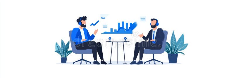 Registrazione di un podcast finanziario Una discussione dinamica Due professionisti discutono di questioni finanziarie in una regi illustrazione vettoriale