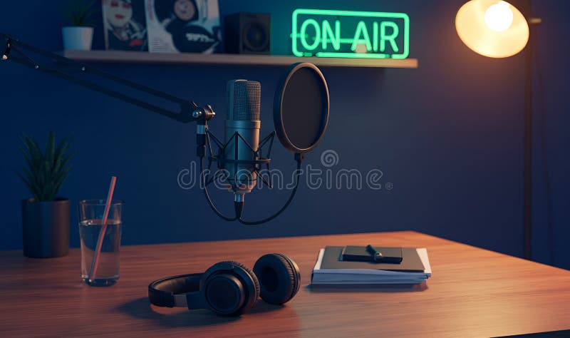 Registrazione Podcast Professionale Configurazione Microfoni Studio e Segni di accensione illustrazione di stock