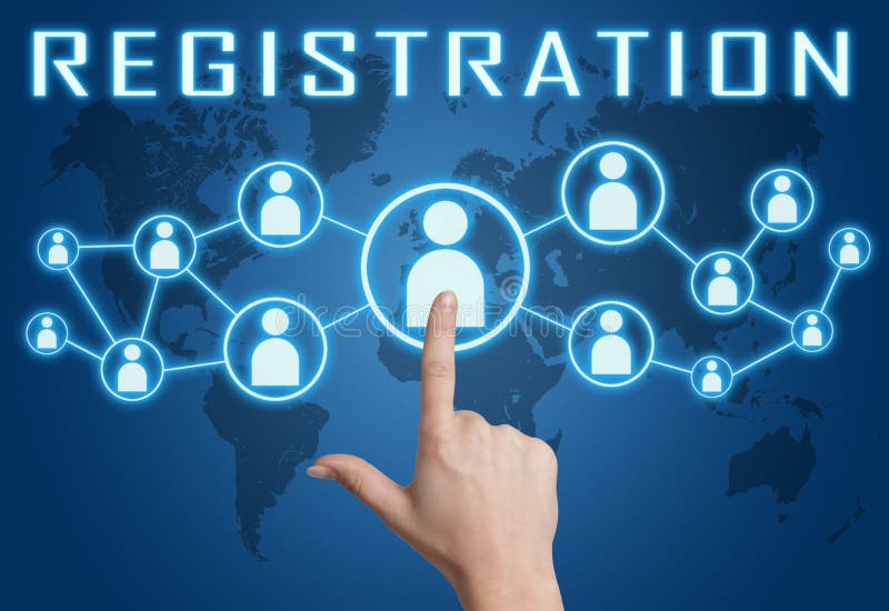 Registration concept with hand pressing social icons on blue world map background. Registration concept with hand pressing social icons on blue world map background.