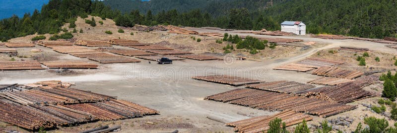 Registros de madera del bosque de pino en el bosque y una casa blanca distante Montañas de apertura de sesión de Pindus imagen de archivo Registros de madera del bosque de pino en el bosque y una casa blanca distante Montañas de apertura de sesión de Pindus imagen de archivo