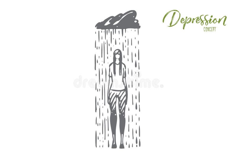 Regn fördjupning, kvinna som är ledsen, spänningsbegrepp Hand dragen isolerad vektor vektor illustrationer Regn fördjupning, kvinna som är ledsen, spänningsbegrepp Hand dragen isolerad vektor vektor illustrationer