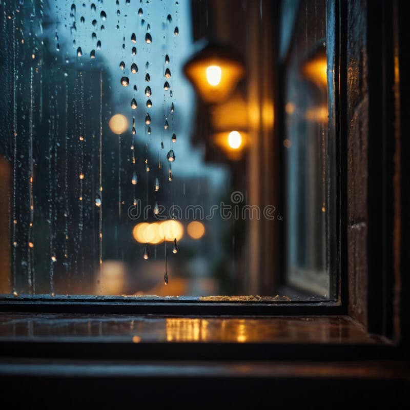 Regn på fönstret med ströljus i bakgrunden. stock illustrationer