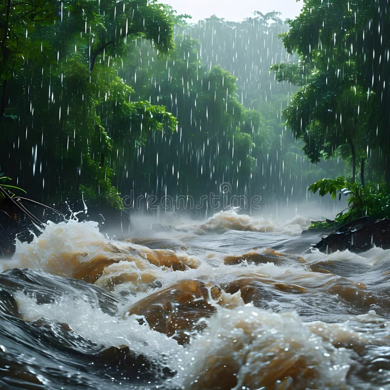 Regn som är kraftigt nedtryckt mot en brinnande flod omgiven av lush grey i en stillastående skog under en livfull sommareftermidd royaltyfri illustrationer