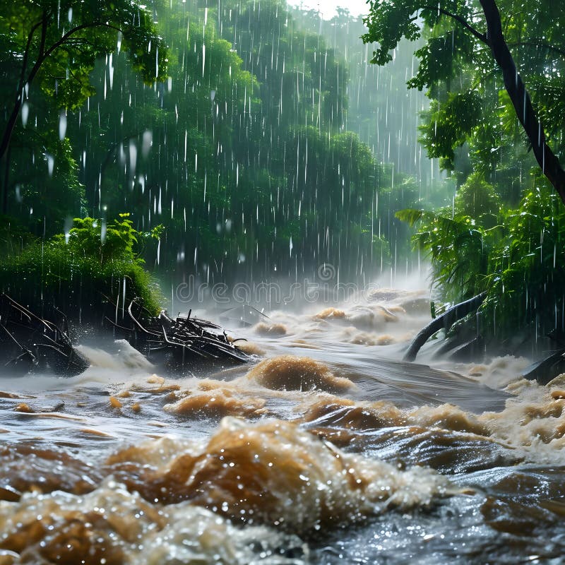 Regn som är kraftigt nedtryckt mot en brinnande flod omgiven av lush grey i en stillastående skog under en livfull sommareftermidd stock illustrationer