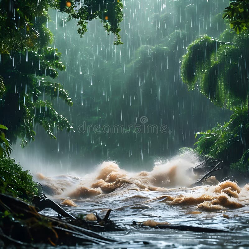 Regn som är kraftigt nedtryckt mot en brinnande flod omgiven av lush grey i en stillastående skog under en livfull sommareftermidd vektor illustrationer