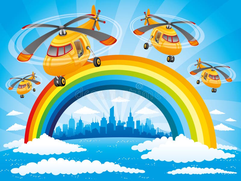 Regnbåge, moln och helikoptrar i den blåa himlen stock illustrationer
