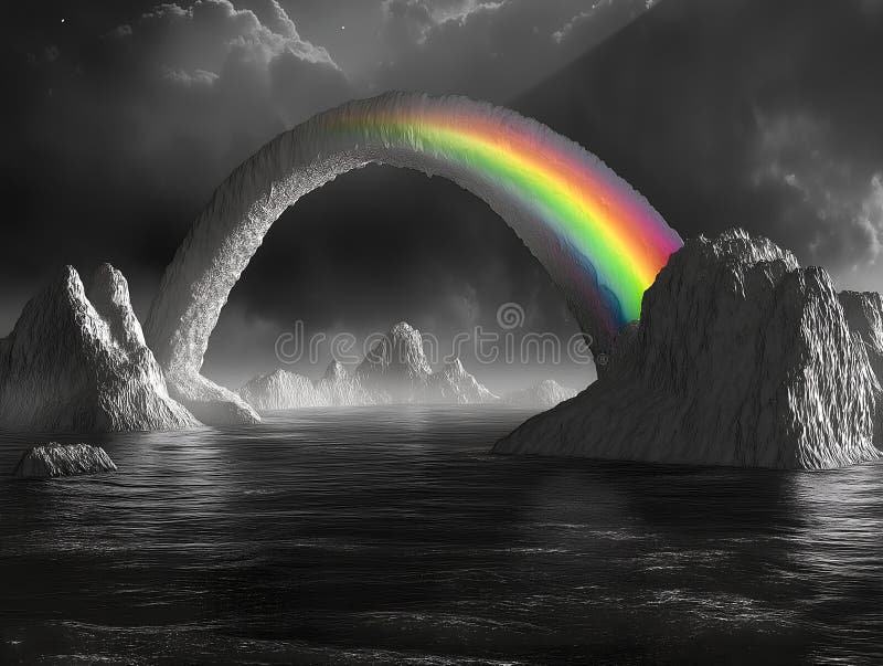 Regnbåge över vatten monokrom dramatisk himmel lugna vatten atmosfärisk yta surrealistiskt landskap stock illustrationer