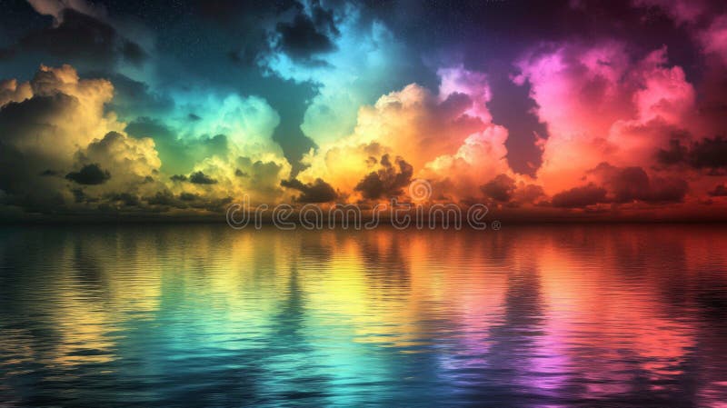 Regnbågmoln som reflekterar på Calm Ocean Waters. Ai Generated