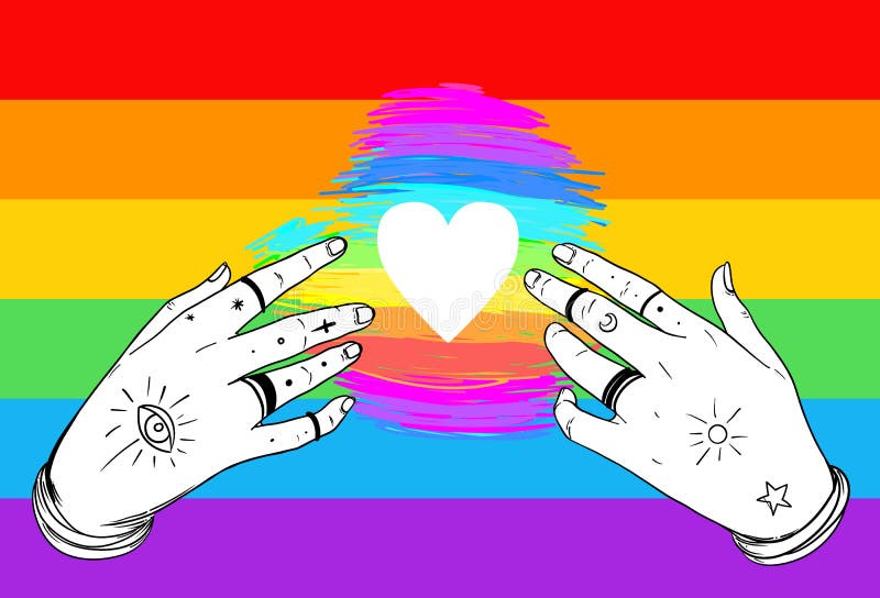 Rainbow colored heart with open hands. Gay Pride. LGBT concept. Realistic style vector colorful illustration. Sticker, patch, t-shirt print, logo design. Rainbow colored heart with open hands. Gay Pride. LGBT concept. Realistic style vector colorful illustration. Sticker, patch, t-shirt print, logo design.