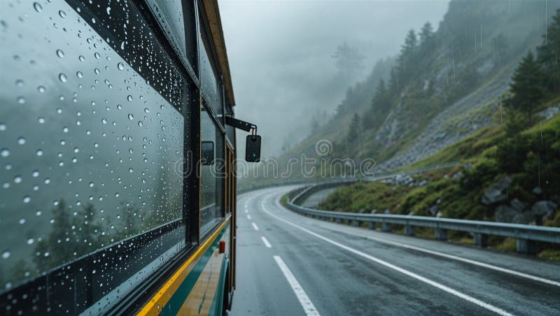 Regnstrålar på bussfönsterrutan när den klättrar upp på bakvägen till ett foggiskt bergsområde stock illustrationer