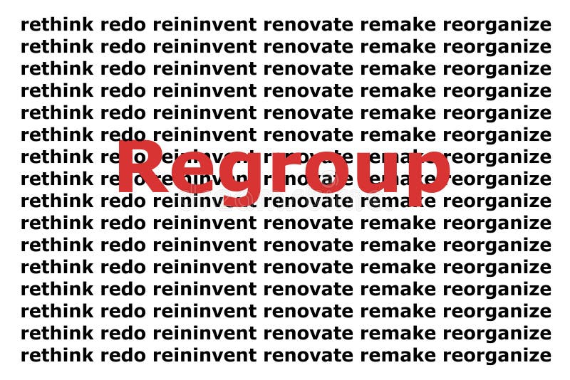 The word 'regroup' in red against a background of related words. The word 'regroup' in red against a background of related words.