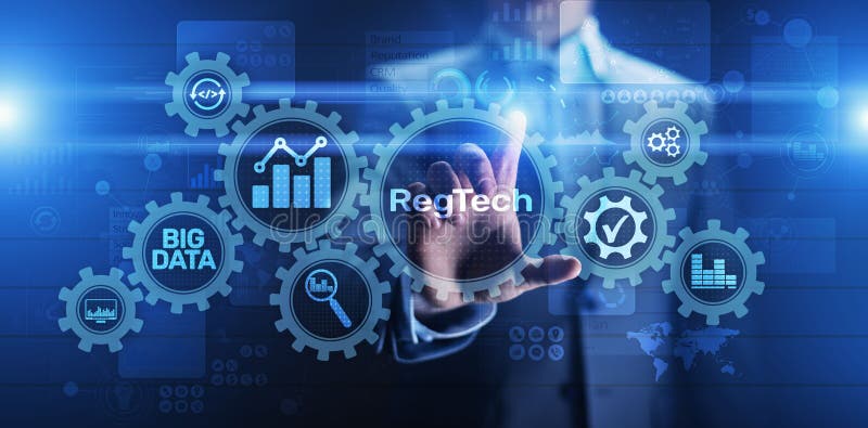 Regtech der Verordnung Internet-Technologiekonzept Befolgungsfinanzkontrolle Advanced auf Virtual Bildschirm lizenzfreies stockbild