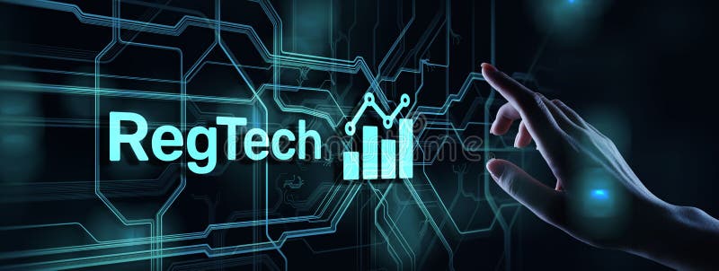 Regtech Verordnung Überwachungs-Finanztechnologie. Virtual Bildschirm Geschäftsautomatisierungskonzept auf. stockfoto