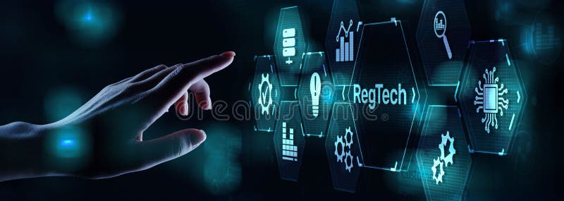 Regtech Verordnung und Überwachungstechnologiekonzept auf Virtual Bildschirm stockbilder