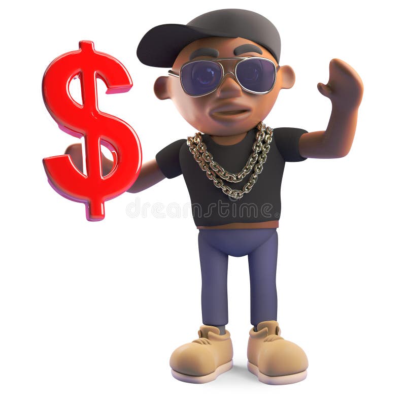 Reicher schwarzer Hip-Hop-Rapper, der US-Dollar Währungszeichen, Illustration 3d hält