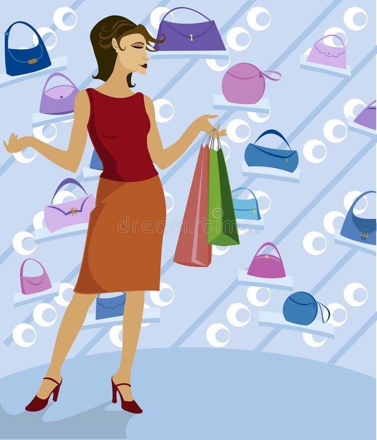 Woman shopping in a boutique, holding bags and surrounded by handbags. Woman shopping in a boutique, holding bags and surrounded by handbags