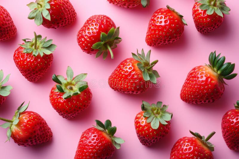 Reife Erdbeeren sind sorgfältig auf einer lebhaften rosa Kulisse angeordnet und bilden ein visuell faszinierendes Muster lizenzfreie stockfotos