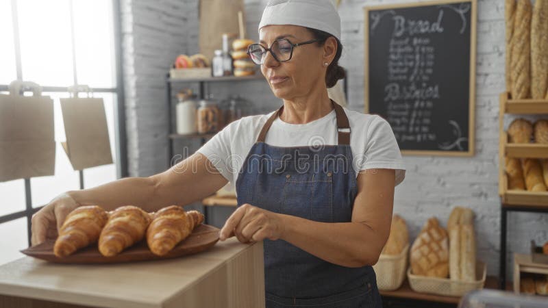 Reife Frau, die in einer Bäckerei arbeitet und frisch gebackene Croissants auf einem Holzfach mit Brotregalen im Hintergrund platz lizenzfreie stockbilder