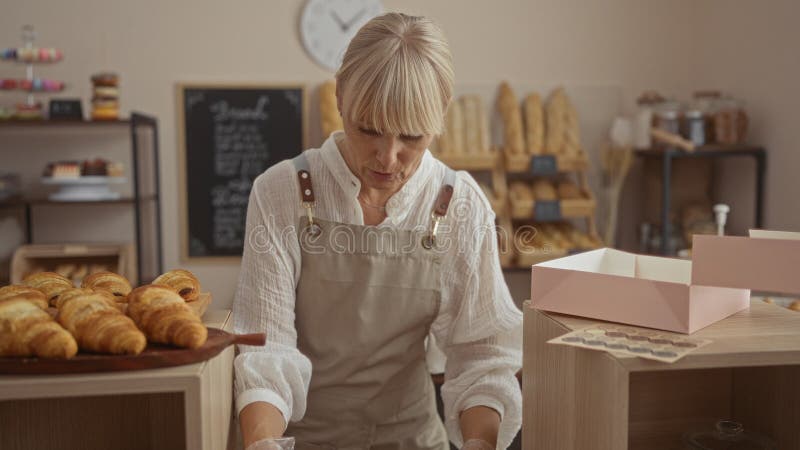 Reife Frau packt Gebäck in einer Bäckerei mit frischem Brot und einem Chalkboard-Menü im Hintergrund stock video footage