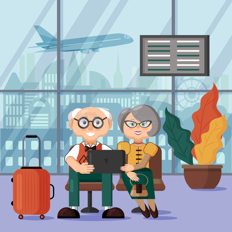 Reife Paare, die auf ihren Flug am Flughafen warten Au?erhalb des Fensters startet die Fl?che stock abbildung Reife Paare, die auf ihren Flug am Flughafen warten Au?erhalb des Fensters startet die Fl?che stock abbildung
