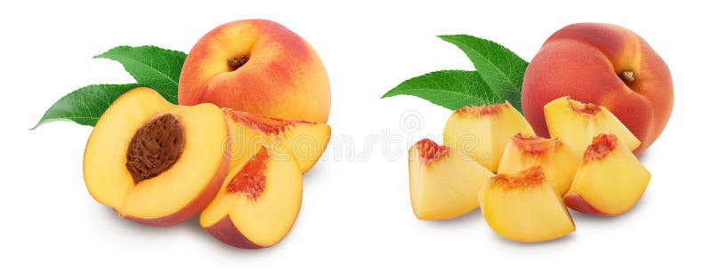 Reife Pfirsichfruchthälfte mit auf weißem Hintergrund isolierten Scheiben mit voller Feldtiefe. Satz oder Sammlung stockfoto