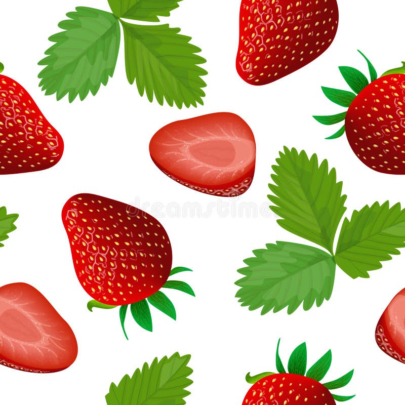Reife saftige Erdbeere mit Blatt lokalisierte nahtlosen Mustervektor Ganzes und Scheibe stock abbildung