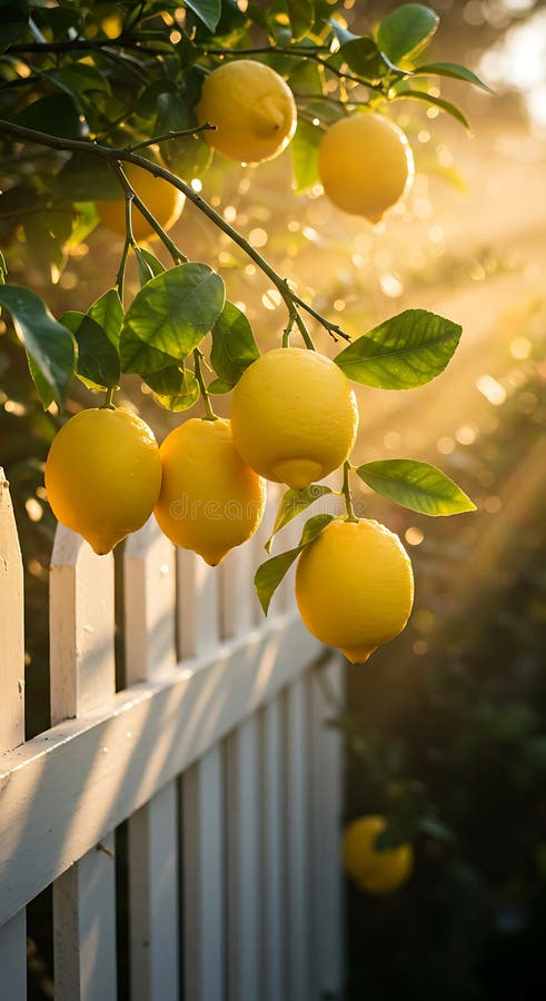 Reife Zitronen auf einem Zweig bei Sonnenaufgang stock abbildung