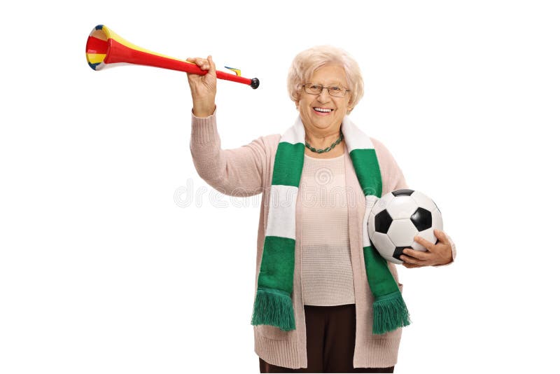 Reifen Sie Weiblichen Fussballfan Mit Einer Trompete Und Einem Fussball Stockbild Bild Von Trompete Weiblichen