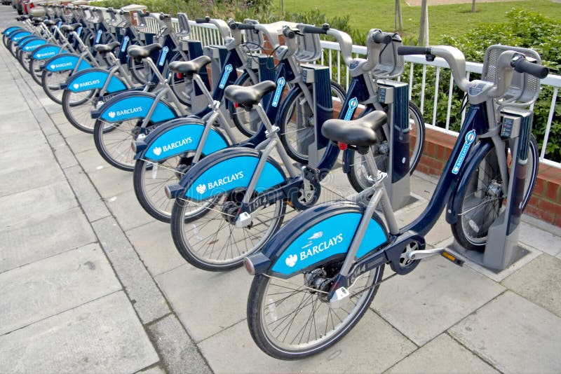 Row of bicycles at one of many docking stations in London for the cycle hire scheme sponsored by Barclays Bank. They are known as Boris bikes, after the Mayor of London, Boris Johnson. Row of bicycles at one of many docking stations in London for the cycle hire scheme sponsored by Barclays Bank. They are known as Boris bikes, after the Mayor of London, Boris Johnson.