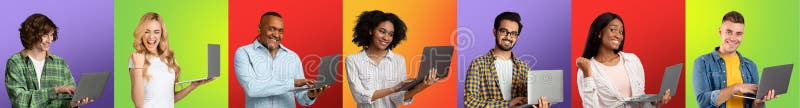 Reihe multiethnischer Menschen, die Laptops in Collage verschiedener Männer und Frauen verwenden, die sich über farbenprächtige Hi lizenzfreie stockbilder