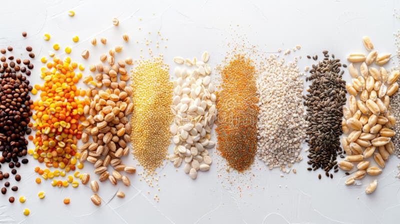 Reihe verschiedener Getreidearten auf weißem Hintergrund, ideal für die Landwirtschaft, Ernährung oder Design lizenzfreies stockfoto