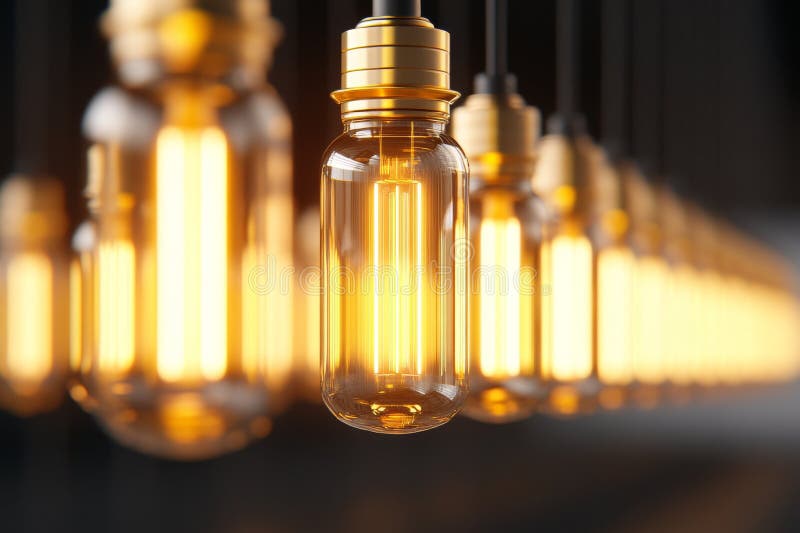 Reihe von Glühlampen im Stil der Jahrtausende, die vor dunklem Hintergrund hängen und warmen nostalgischen Glanz verleihen. stock abbildung