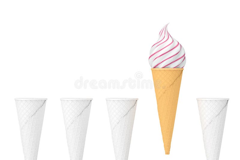 Reihe von leere weiße Waffel-knusperigen Eistüten in Clay Style und in einem Kegel mit Softeis-Eiscreme Wiedergabe 3d stockbild Reihe von leere weiße Waffel-knusperigen Eistüten in Clay Style und in einem Kegel mit Softeis-Eiscreme Wiedergabe 3d stockbild