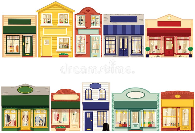 An illustration of ten boutique style shops. Shops can be rearranged to make your own unique main street. Plenty of copy space to add your own messages. E.P.S . 10 vector file included with image, on white. An illustration of ten boutique style shops. Shops can be rearranged to make your own unique main street. Plenty of copy space to add your own messages. E.P.S . 10 vector file included with image, on white.