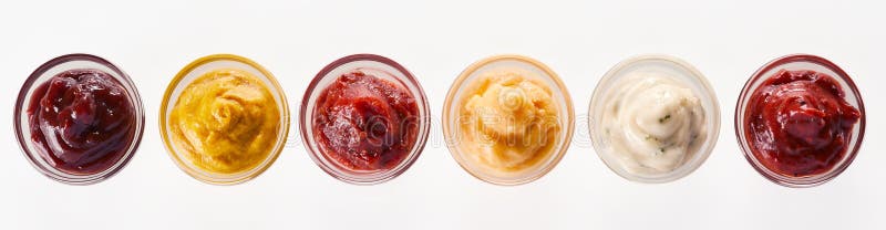 Row of assorted dips, sauces and marinades viewed top down isolated on white in small glass bowls in a panorama banner. Row of assorted dips, sauces and marinades viewed top down isolated on white in small glass bowls in a panorama banner