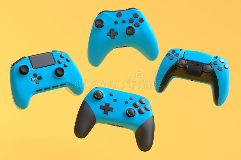 Reihe von Spielerjoysticks oder Gamepads auf gelbem Hintergrund stock abbildung