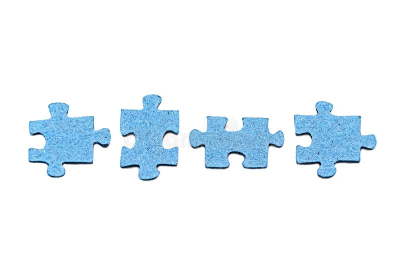 Row of four disconnected blue jigsaw puzzle pieces isolated on white background. Board home games and puzzles. Symbol of quarantine soothing activity. Concept of disunity, inconsistency. Row of four disconnected blue jigsaw puzzle pieces isolated on white background. Board home games and puzzles. Symbol of quarantine soothing activity. Concept of disunity, inconsistency