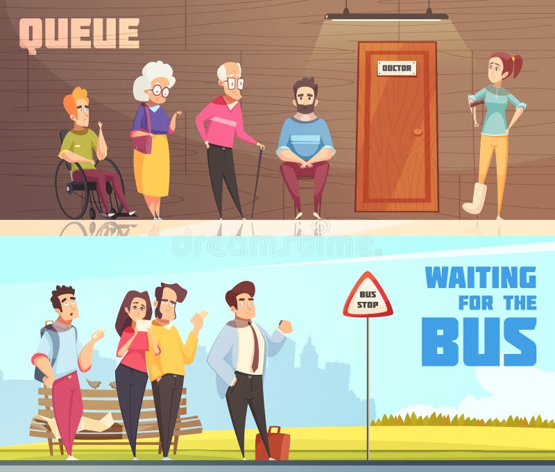 People in queues in doctors waiting room and at bus stop 2 horizontal banners isolated vector illustration. People in queues in doctors waiting room and at bus stop 2 horizontal banners isolated vector illustration