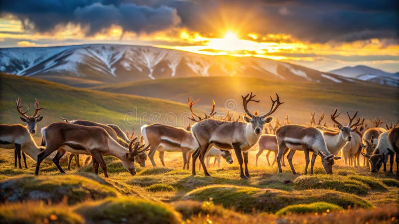 Reindeer majestueux en Laponie Soleil de minuit Un paysage arctique serein illustration de vecteur