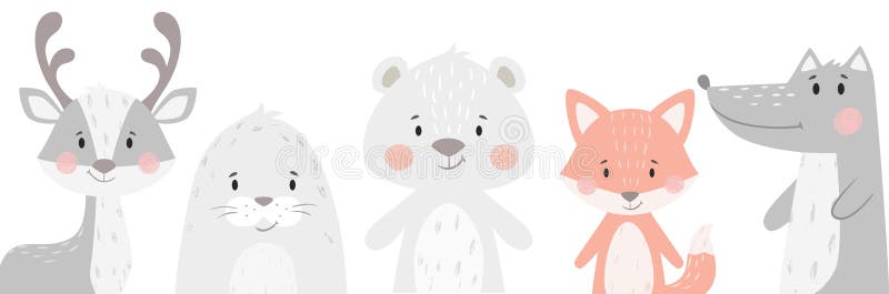 Reindeer, raccoon, seal, wolf, penguin, bear, fox baby winter set. Cute animal illustration