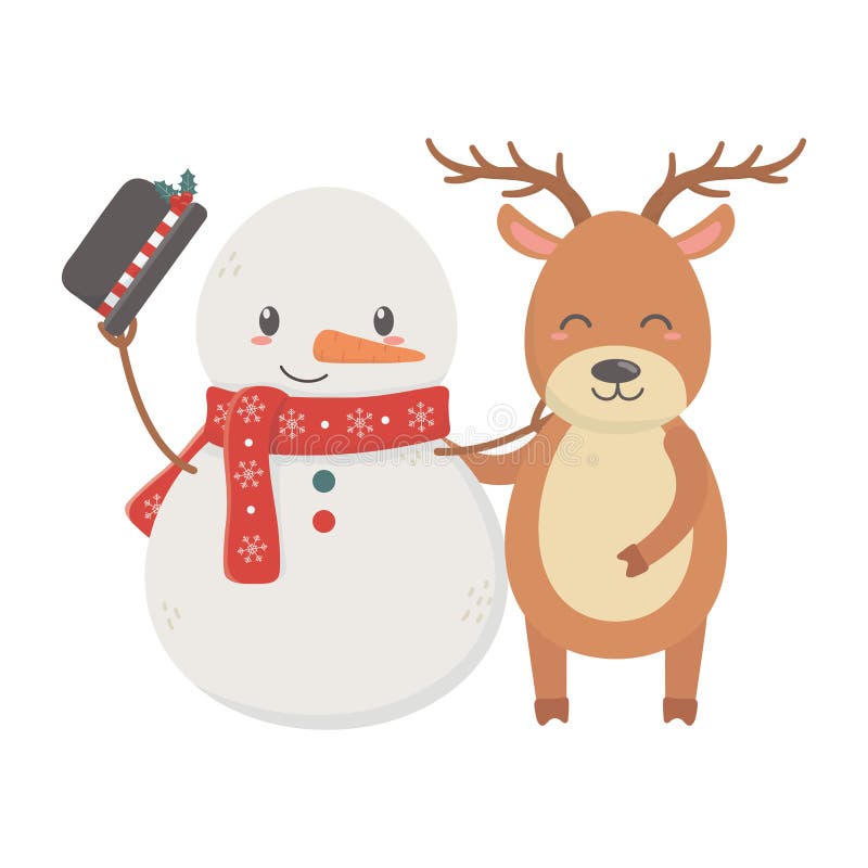 Reindeer and snowman with hat celebration merry christmas