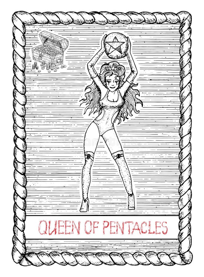 Reine des pentagrammes La carte de tarot illustration stock Reine des pentagrammes La carte de tarot illustration stock
