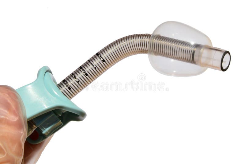 Reinforced fenestrated tracheostomy tube with inflated cuff held in left hand of doctor in latex glove, white background royalty free stock photo Reinforced fenestrated tracheostomy tube with inflated cuff held in left hand of doctor in latex glove, white background royalty free stock photo