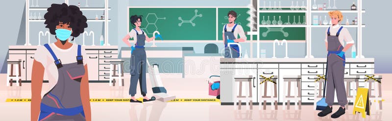 Professional cleaners mix race janitors team cleaning and disinfecting school chemical classroom coronavirus quarantine concept horizontal full length vector illustration. Professional cleaners mix race janitors team cleaning and disinfecting school chemical classroom coronavirus quarantine concept horizontal full length vector illustration