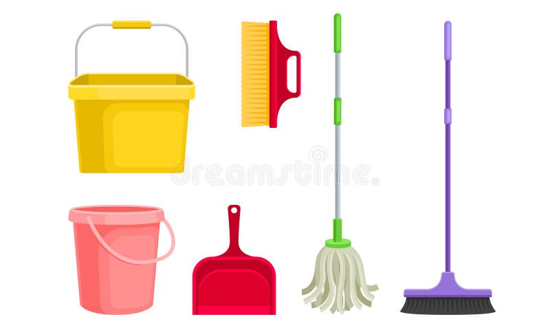Reinigingsuitrusting met bucket mop en shovel vectorset