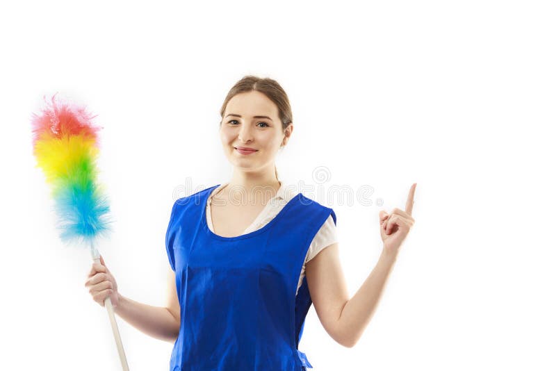 Reinigungsfrau, die Ihr Produkt oder Text zeigt und zeigt stockfotografie