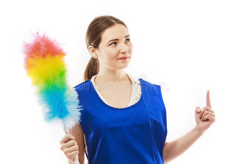 Reinigungsfrau, die Ihr Produkt oder Text zeigt und zeigt lizenzfreie stockfotos