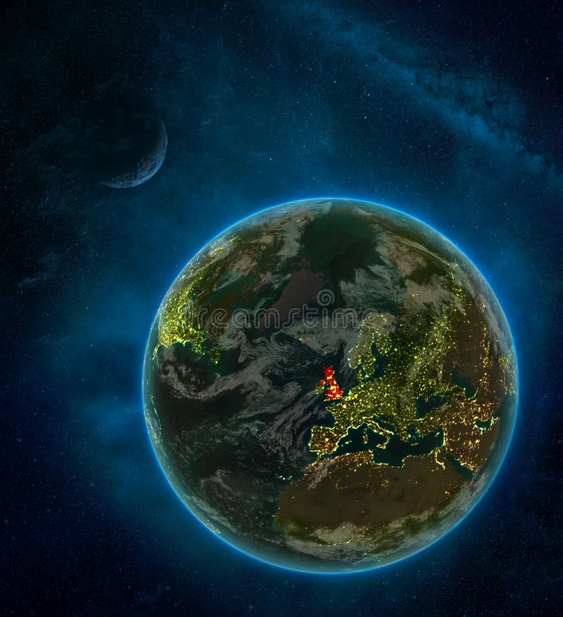 Reino Unido del espacio en la tierra en la noche rodeada por el espacio con la luna y la vía láctea Planeta detallado con las luc libre illustration Reino Unido del espacio en la tierra en la noche rodeada por el espacio con la luna y la vía láctea Planeta detallado con las luc libre illustration